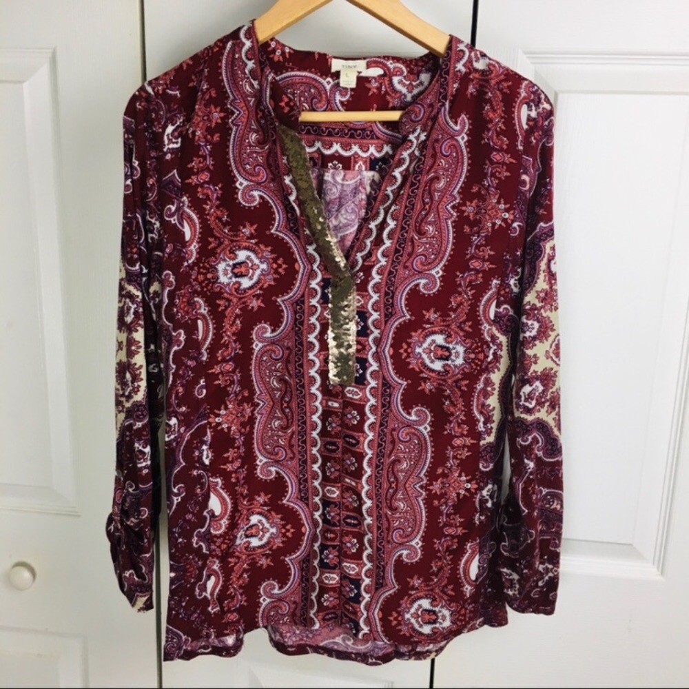 Anthropologie Bohemian Red Top with Gold Sequins